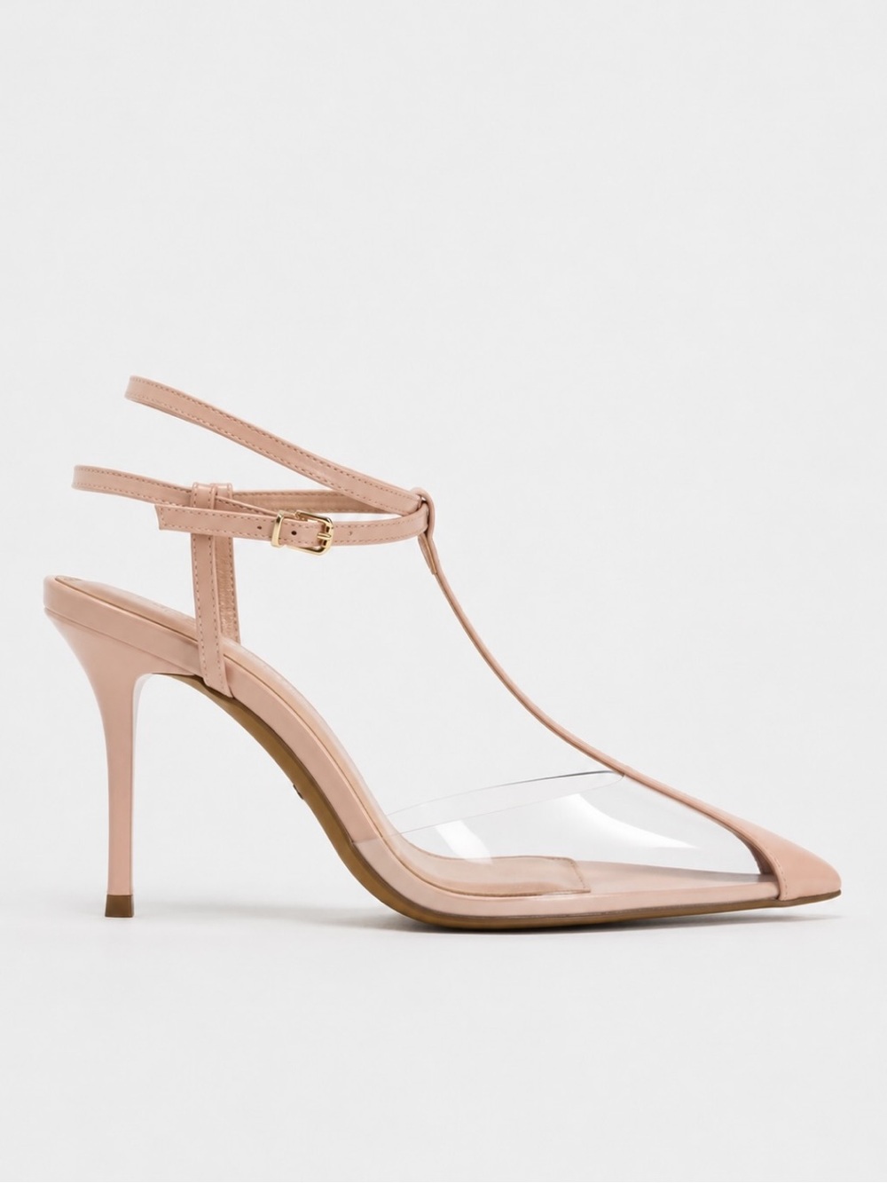 Zara T Strap Blush Nude Pointed Toe Ankle-Strap Heels with Clear Vamp Size 39 - Picture 2 of 11